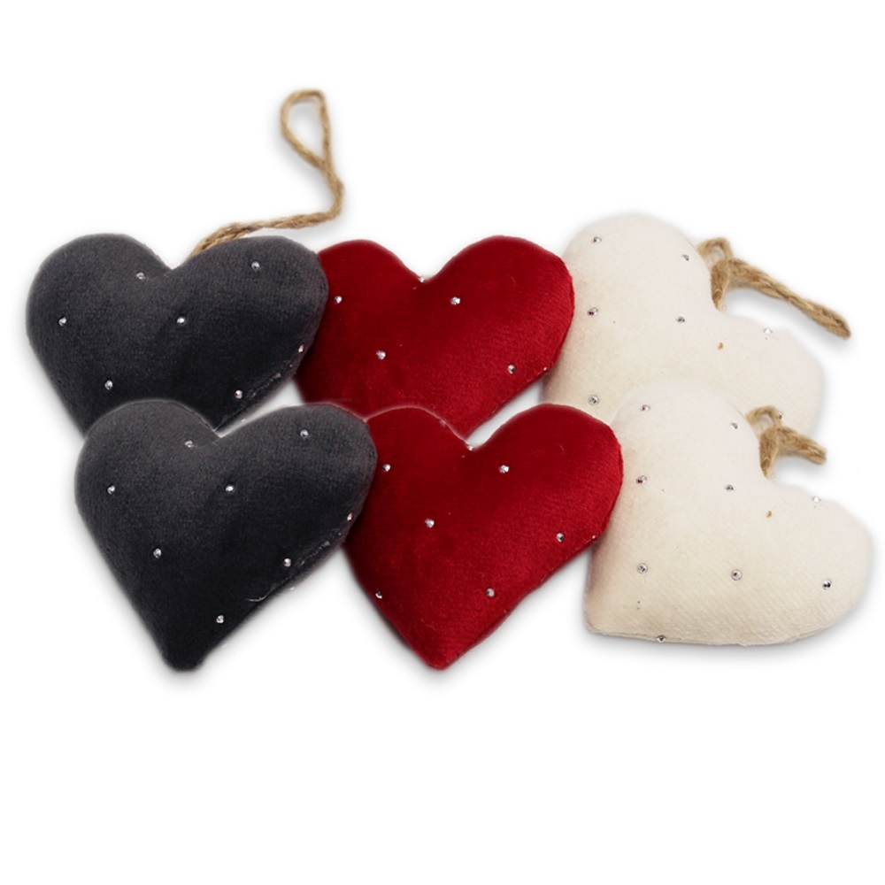 Srdce textil závěs 6ks 6cm červený mix